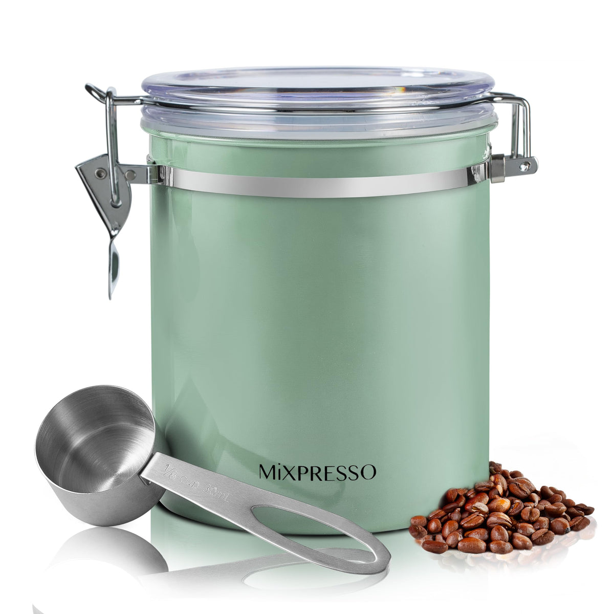 Mixpresso green coffee canister with airtight seal preserving coffee beans freshness.