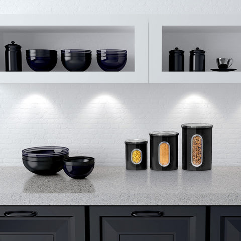 Mixpresso nesting stainless steel canisters save space and resist fingerprints.