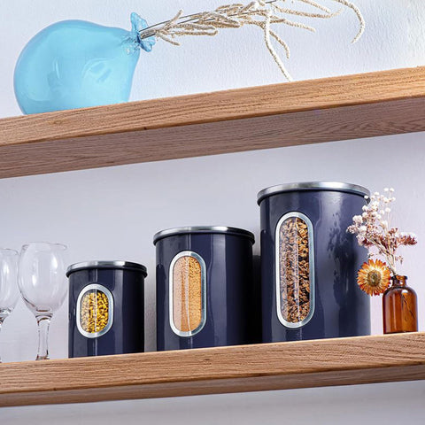 Mixpresso nesting stainless steel canisters save counter space.