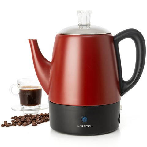 Mixpresso percolator front view showing compact 4-cup design for quick mornings.