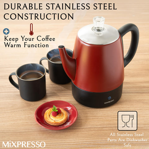 Mixpresso percolator handle and spout enable safe, easy pouring.