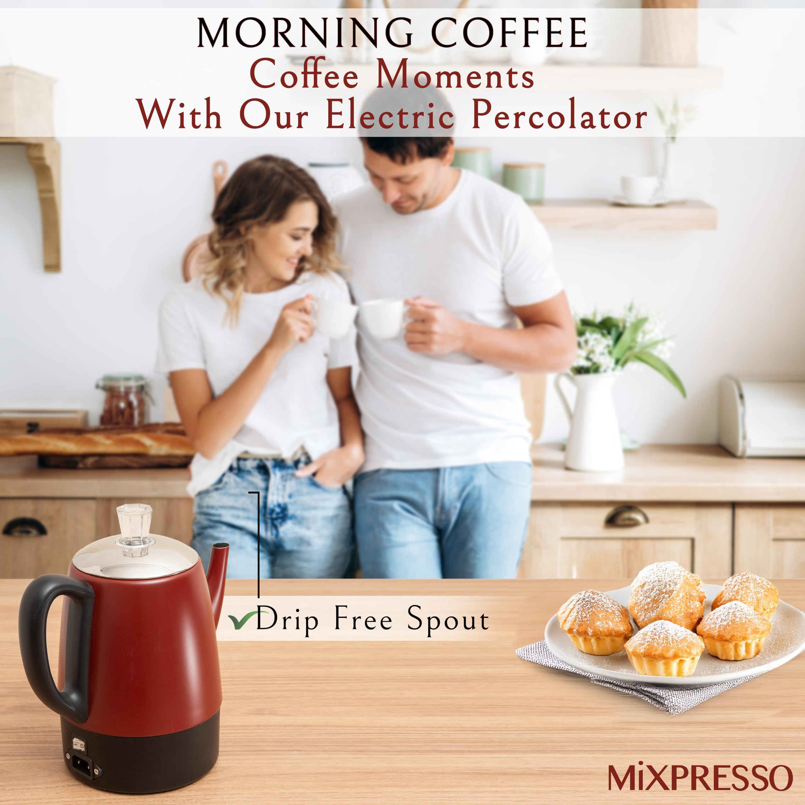 Mixpresso percolator includes a long 24-inch power cord for flexibility.