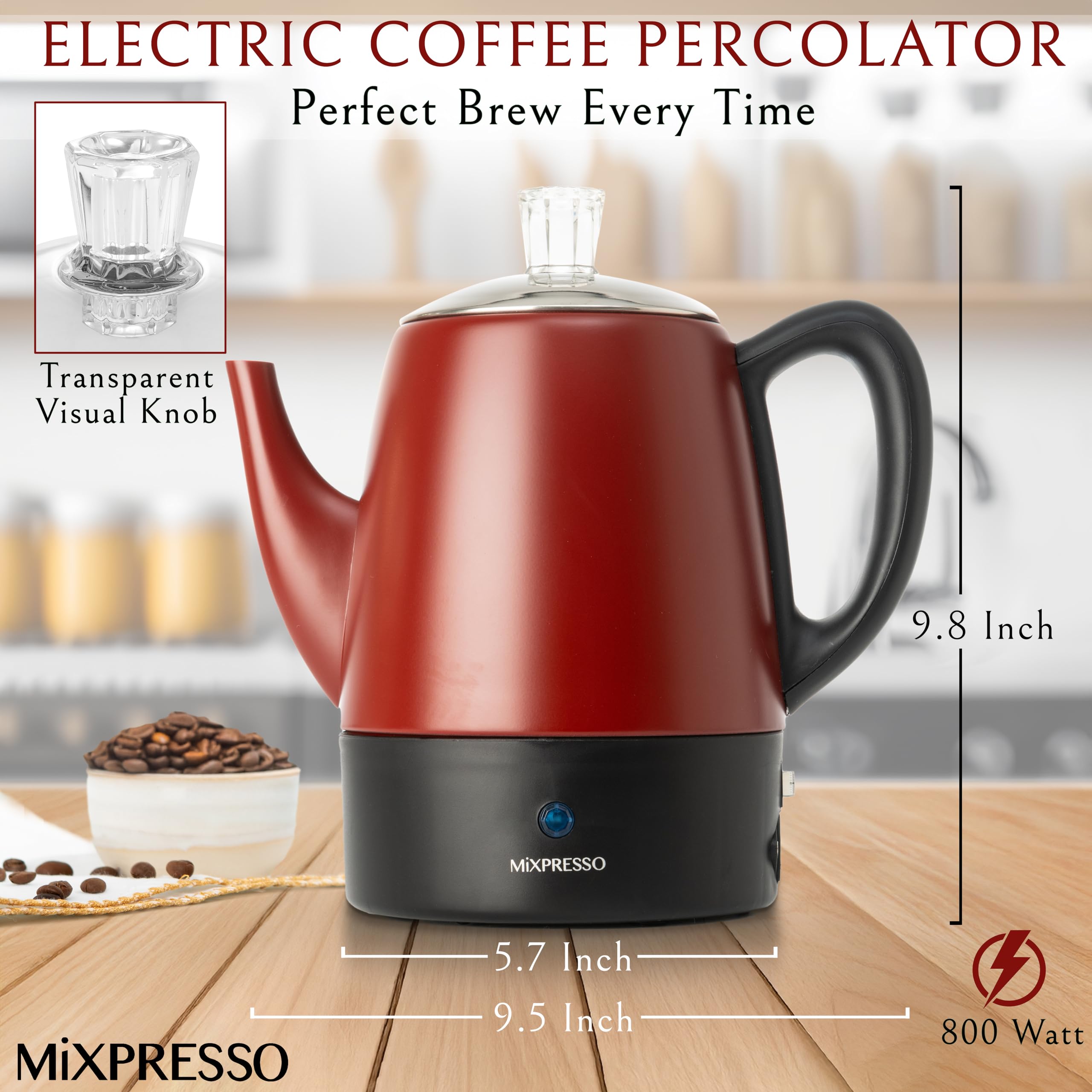 Mixpresso percolator with stainless steel body for durable, stylish kitchen use.