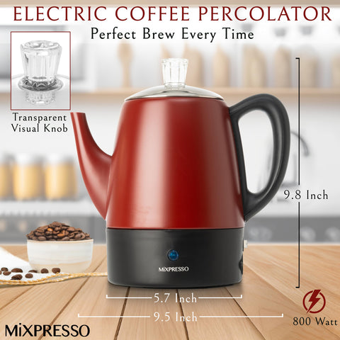 Mixpresso percolator with stainless steel body for durable, stylish kitchen use.