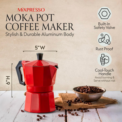 Mixpresso Red 3 Cup Moka Pot with handle grip for safe, easy pouring