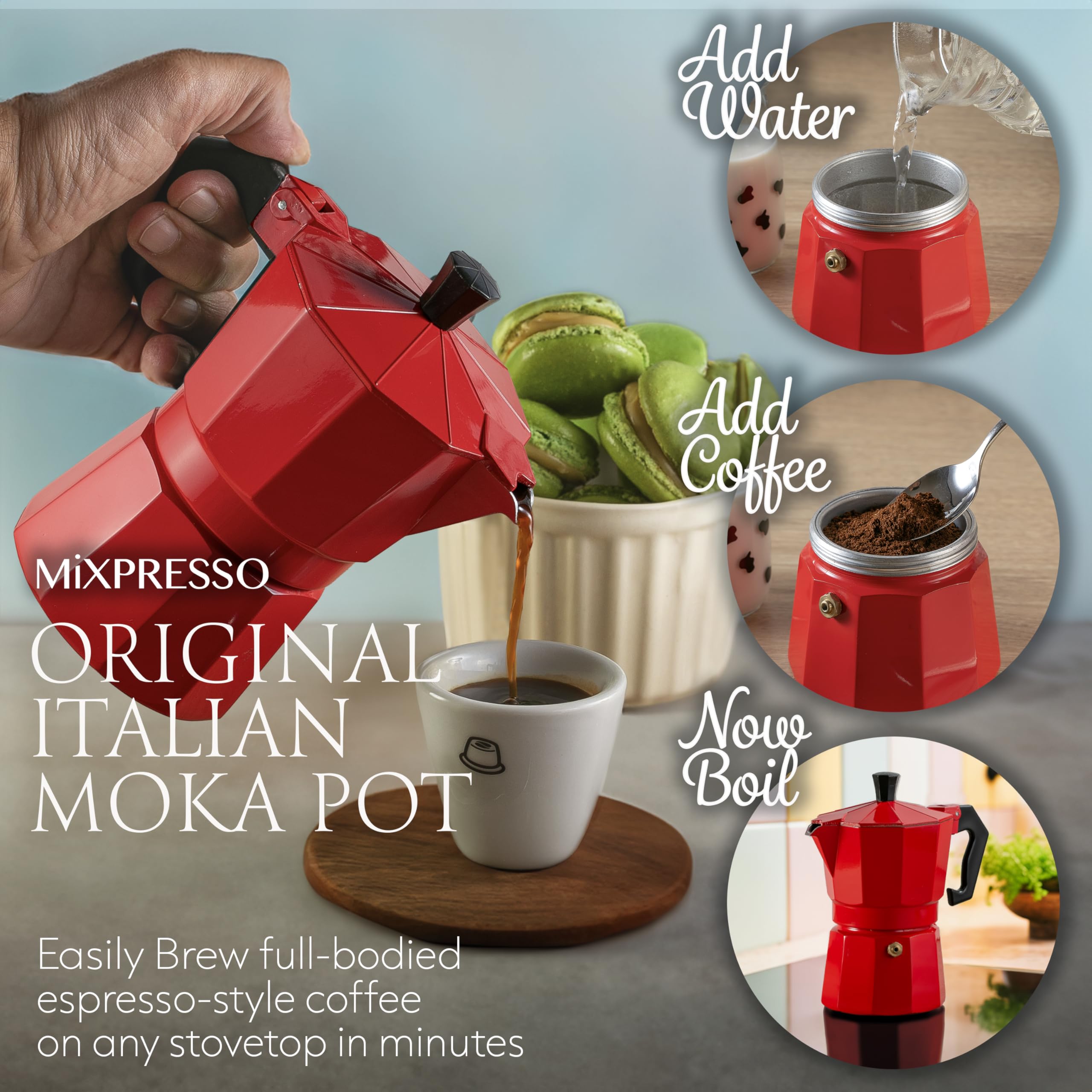 Mixpresso Red Moka Pot on stove promoting quick, flavorful espresso extraction