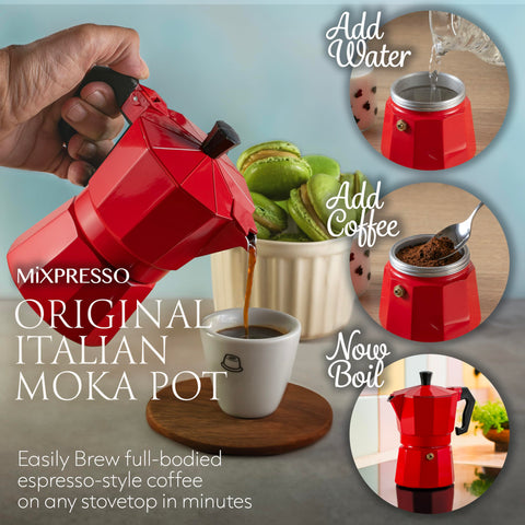 Mixpresso Red Moka Pot on stove promoting quick, flavorful espresso extraction