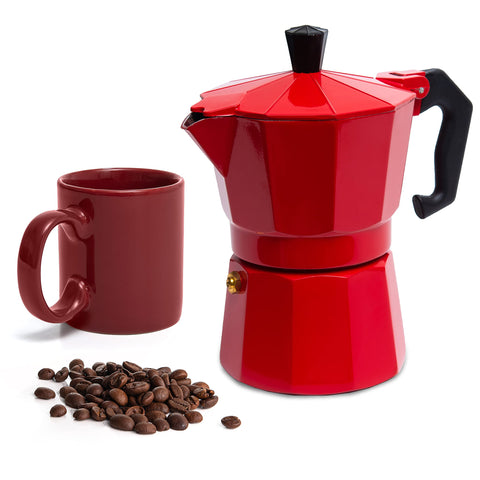 Mixpresso Red 3 Cup Moka Pot top view highlighting compact design for small kitchens
