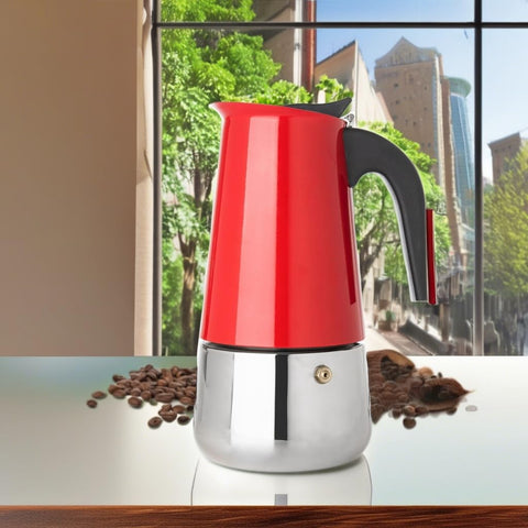 Mixpresso Red 9-Cup Greca espresso pot built-in filter reduces disposable waste