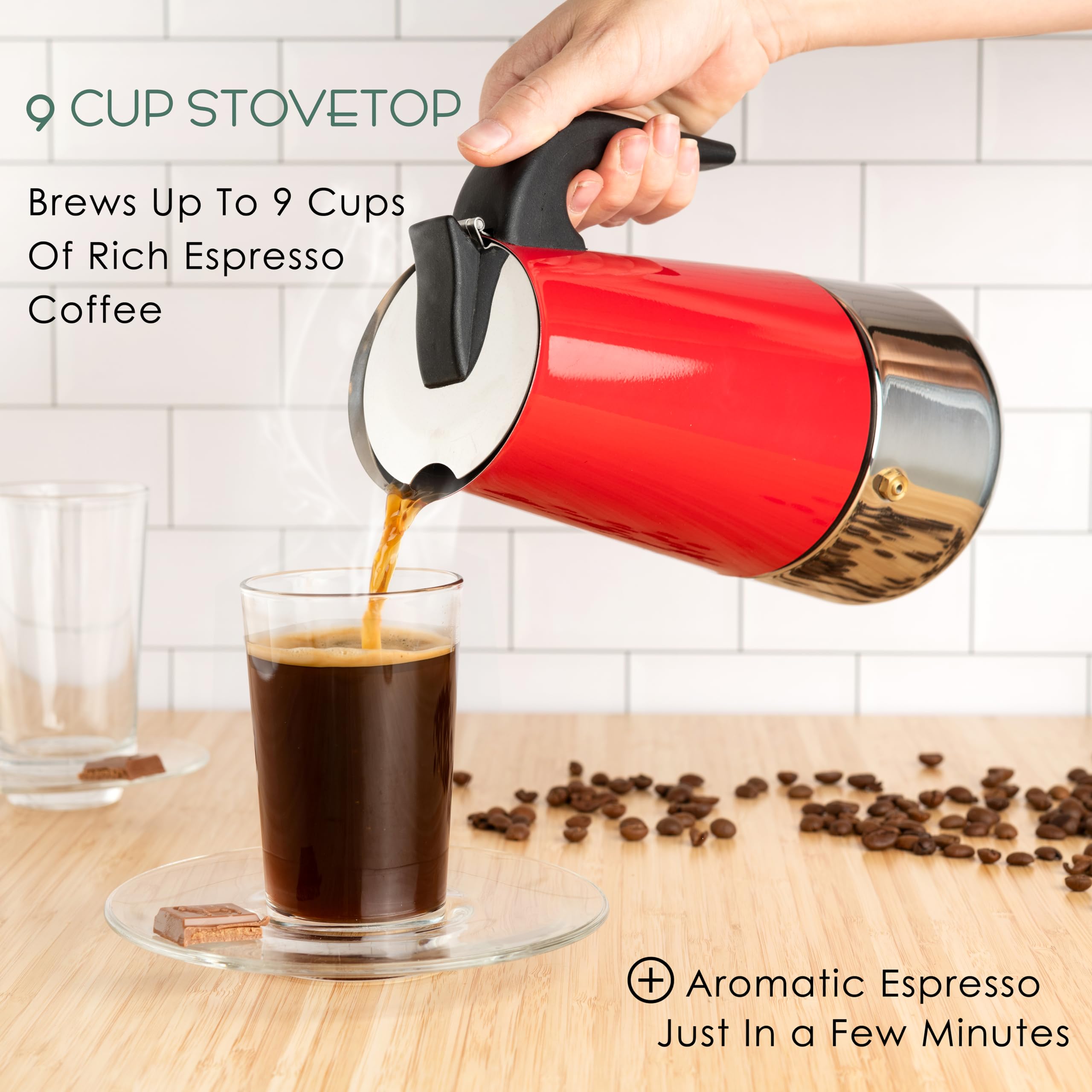 Mixpresso Red 9-Cup Greca espresso pot ergonomic handle designed for easy pouring