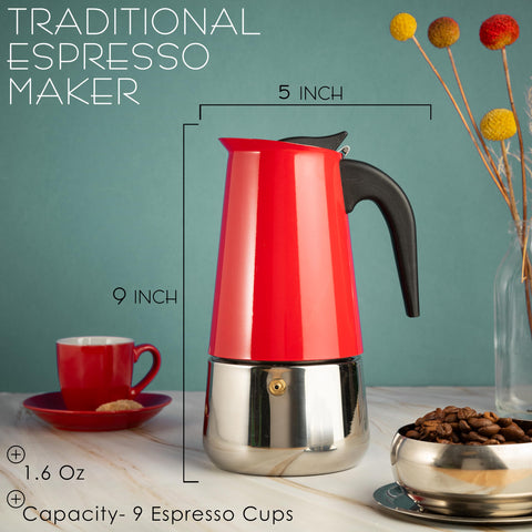 Mixpresso Red 9-Cup Greca espresso pot sturdy stainless steel for versatile heat sources
