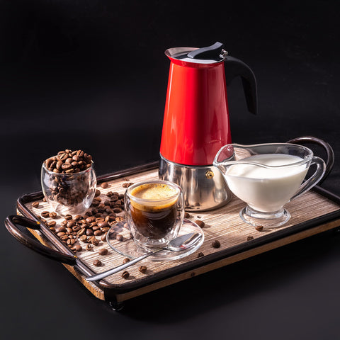 Mixpresso Red 9-Cup Greca espresso pot ideal for camping and cozy mornings