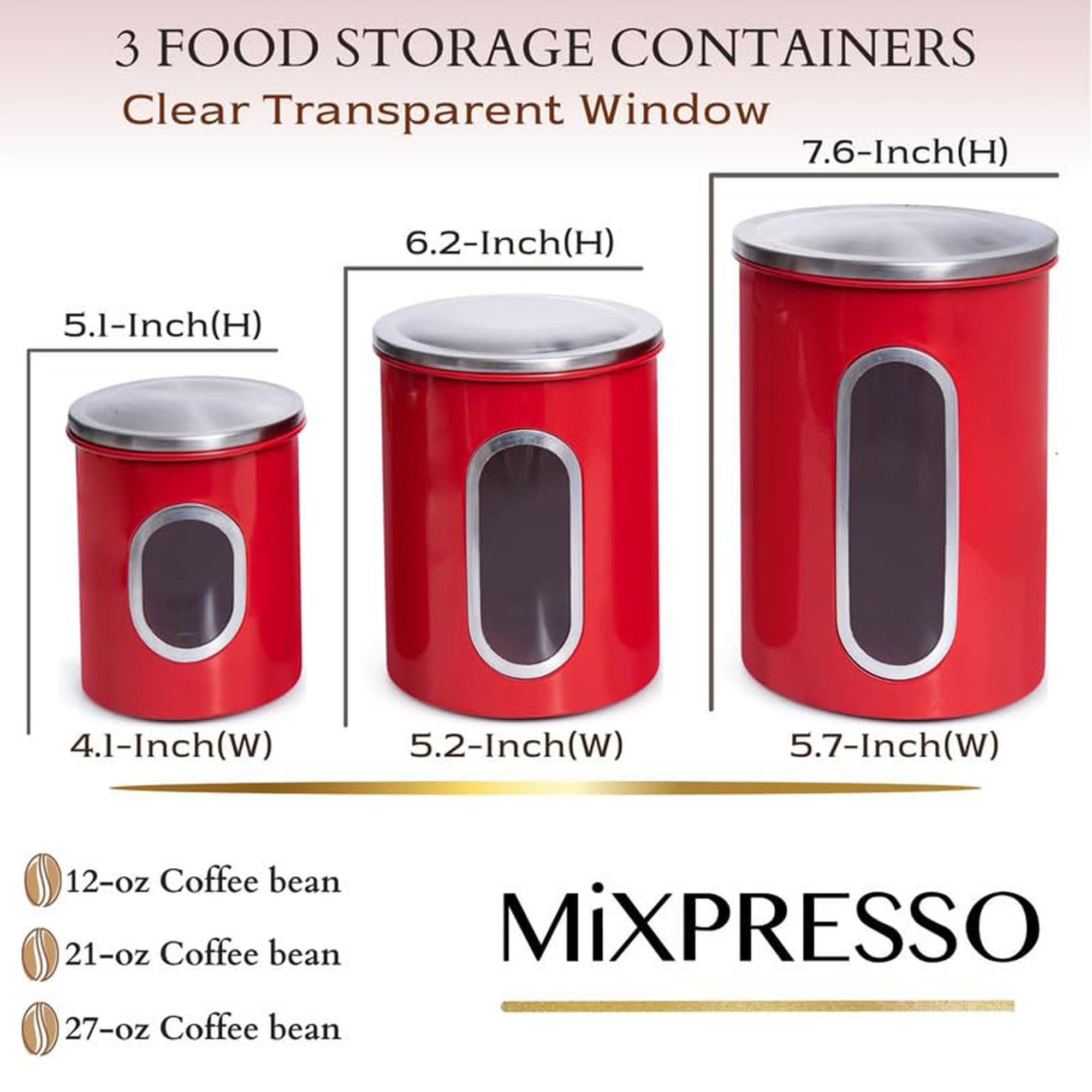 Mixpresso red canisters with coffee inside and clear window for fresh bean visibility.