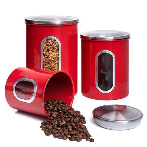 Mixpresso 3-piece red canisters with front view show stylish storage and quick content check.