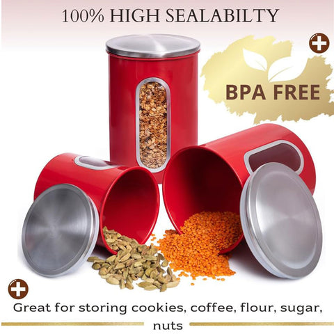 Three canister sizes nest neatly to save counter space while keeping staples organized.