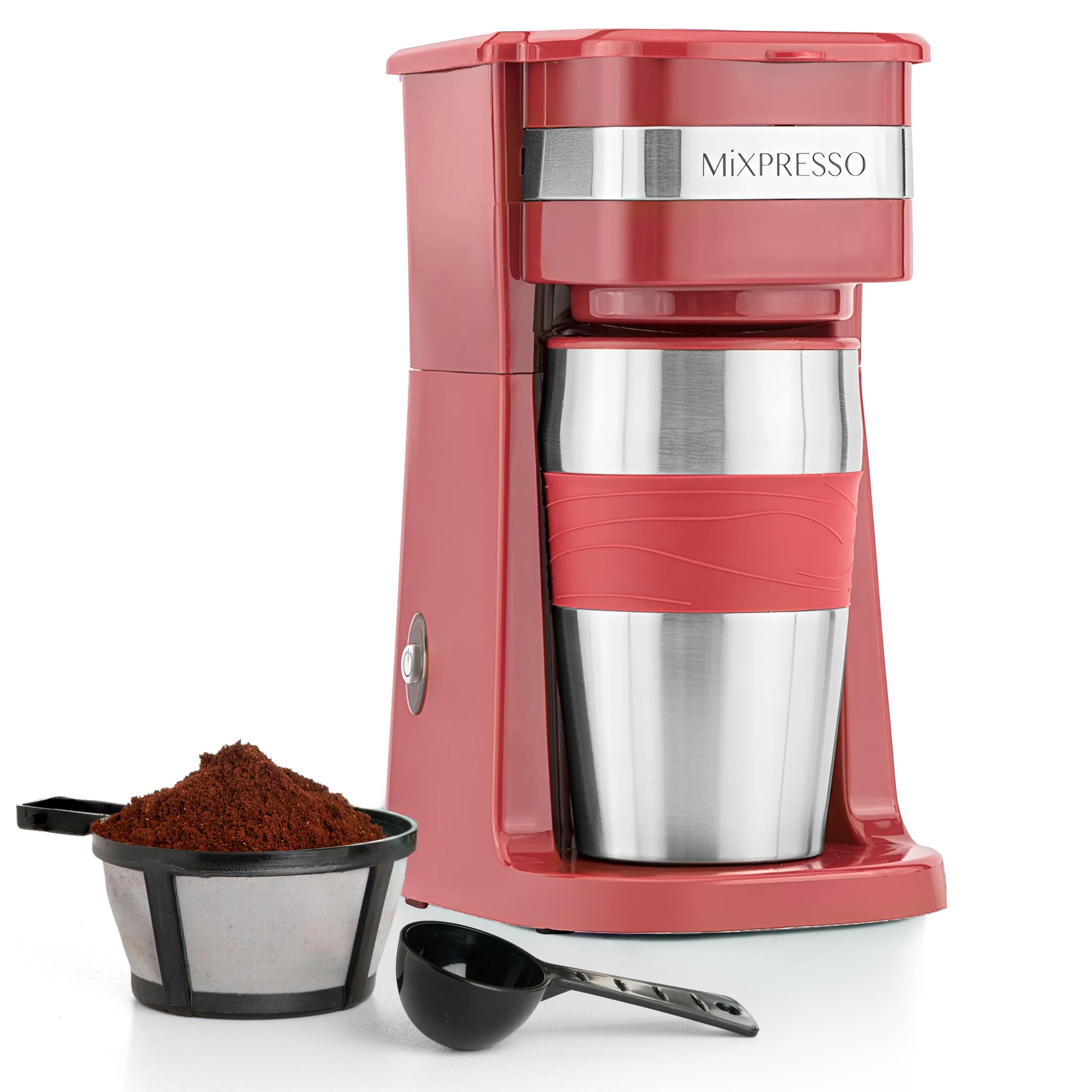 Mixpresso red personal coffee maker for quick, single-serve brews at home.