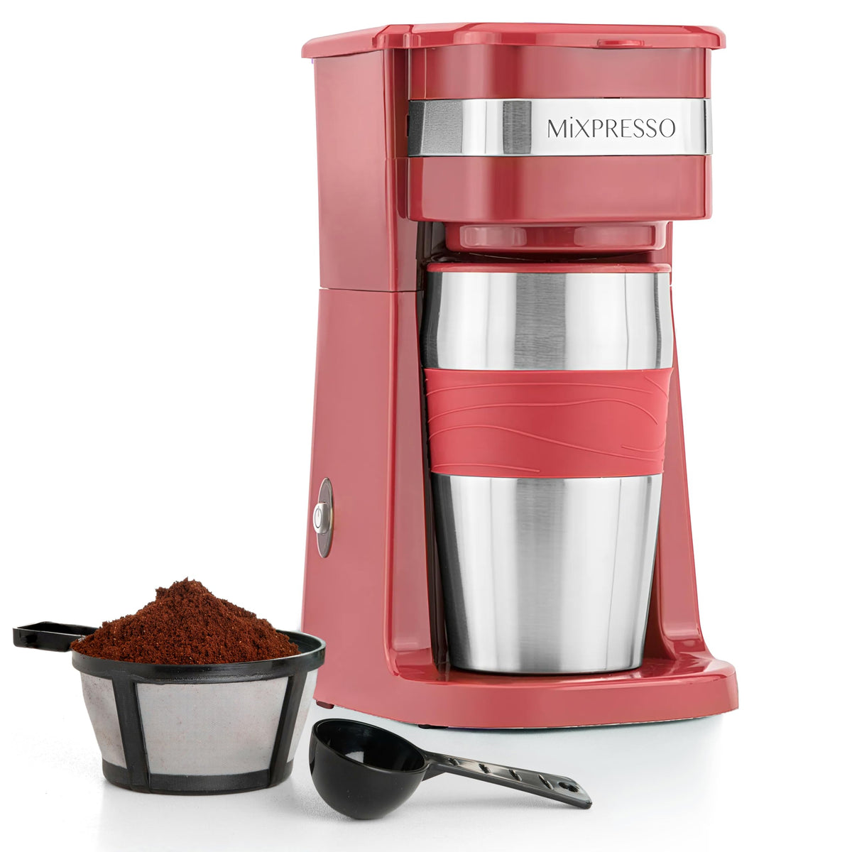 Mixpresso red personal coffee maker for quick, single-serve brews at home.