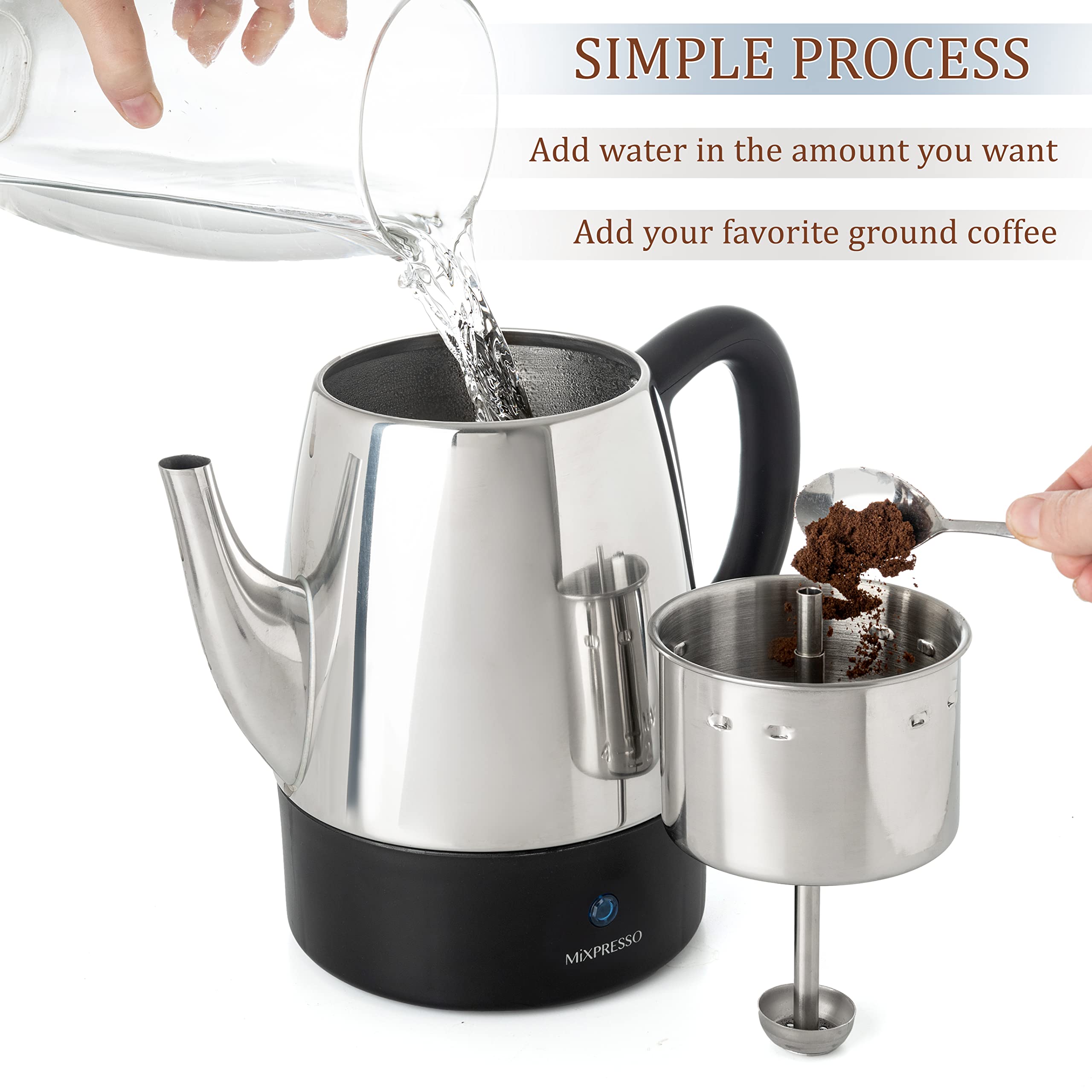 Closeup of Mixpresso stainless steel body highlighting durable construction
