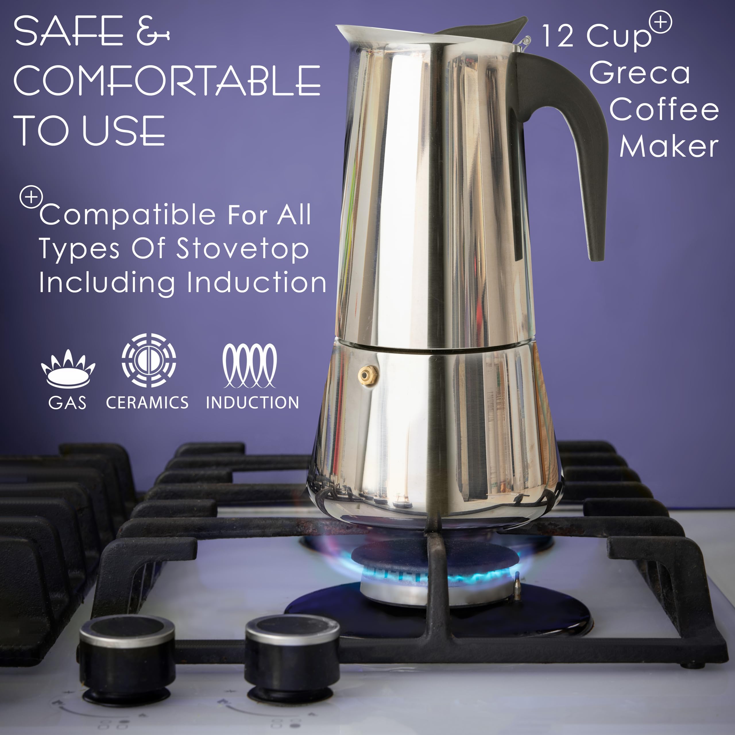 Mixpresso pot compatible with gas, electric, and ceramic stoves for flexibility.