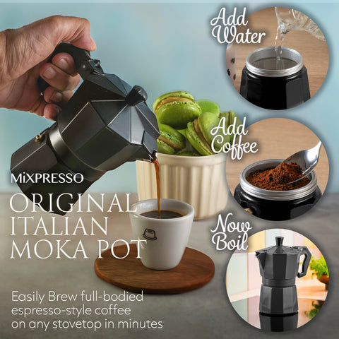 Mixpresso Stovetop Moka Pot on stove, traditional aroma at home.