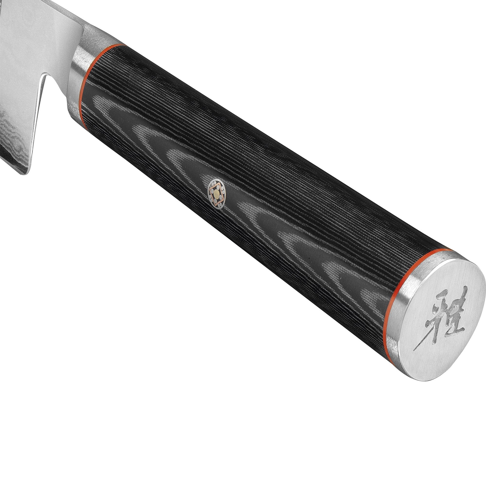 MIYABI Kaizen damascus-pattern blade emphasizing 64-layer design and durability.