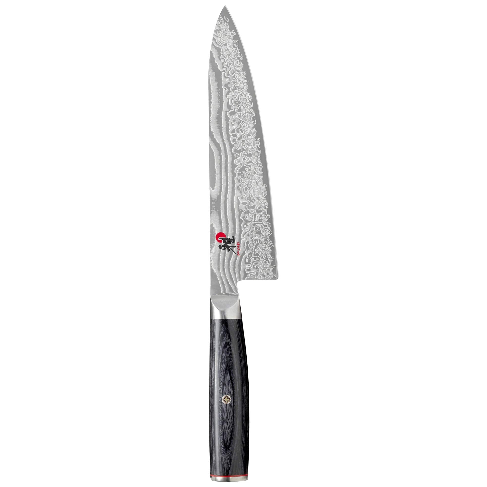 Miyabi Kaizen II blade close-up shows razor edge for clean slicing.