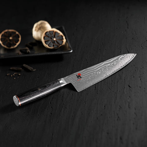 Miyabi Kaizen II blade displays Damascus pattern for elegant presentation.