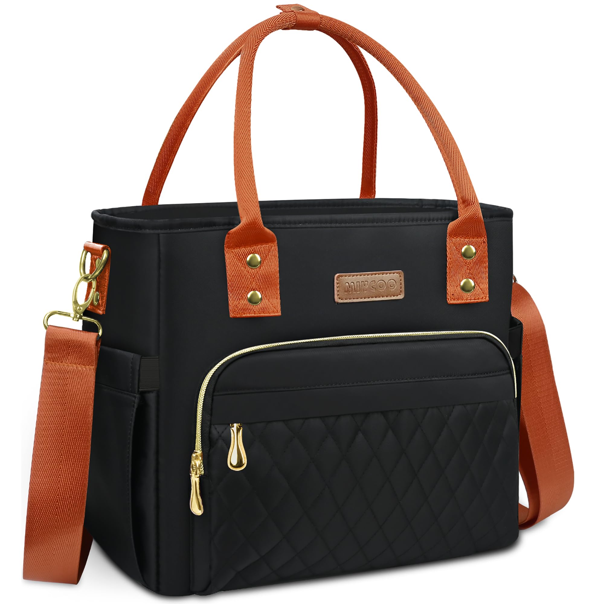 MIYCOO lunch bag exterior in black and orange with large capacity.