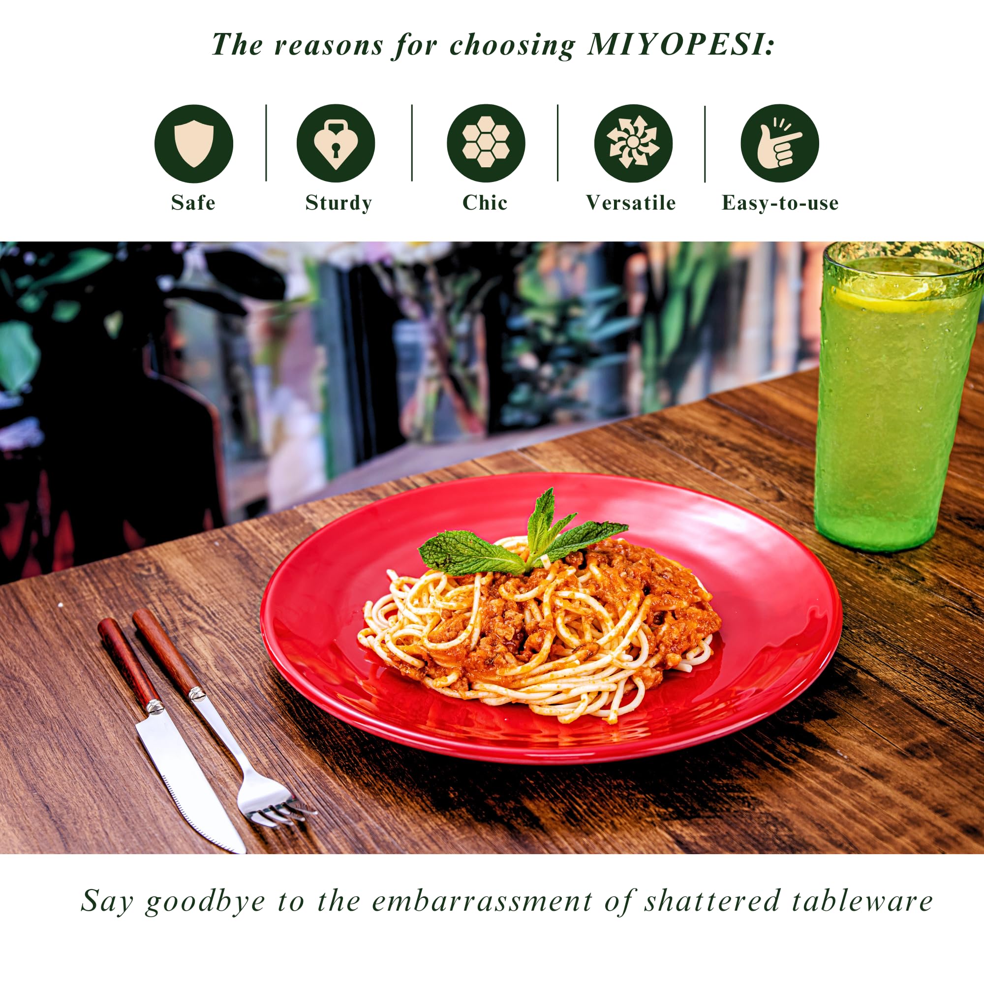 MIYOPESI unbreakable plates in a six-pack, dishwasher-safe for easy cleanup.