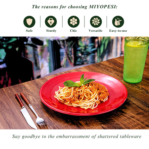 MIYOPESI unbreakable plates in a six-pack, dishwasher-safe for easy cleanup.