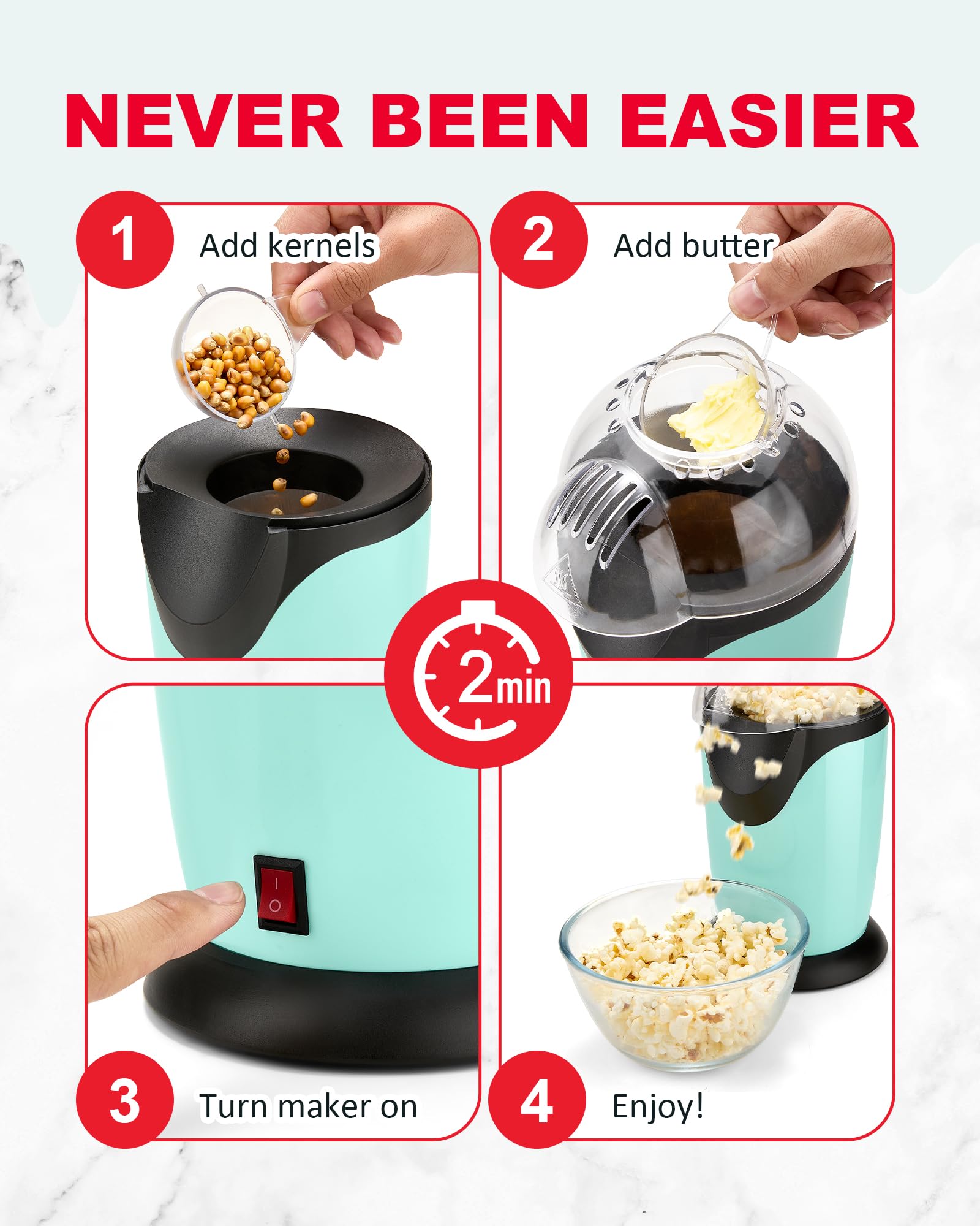 Miyugame popcorn maker compact design on a kitchen counter, ideal for small spaces