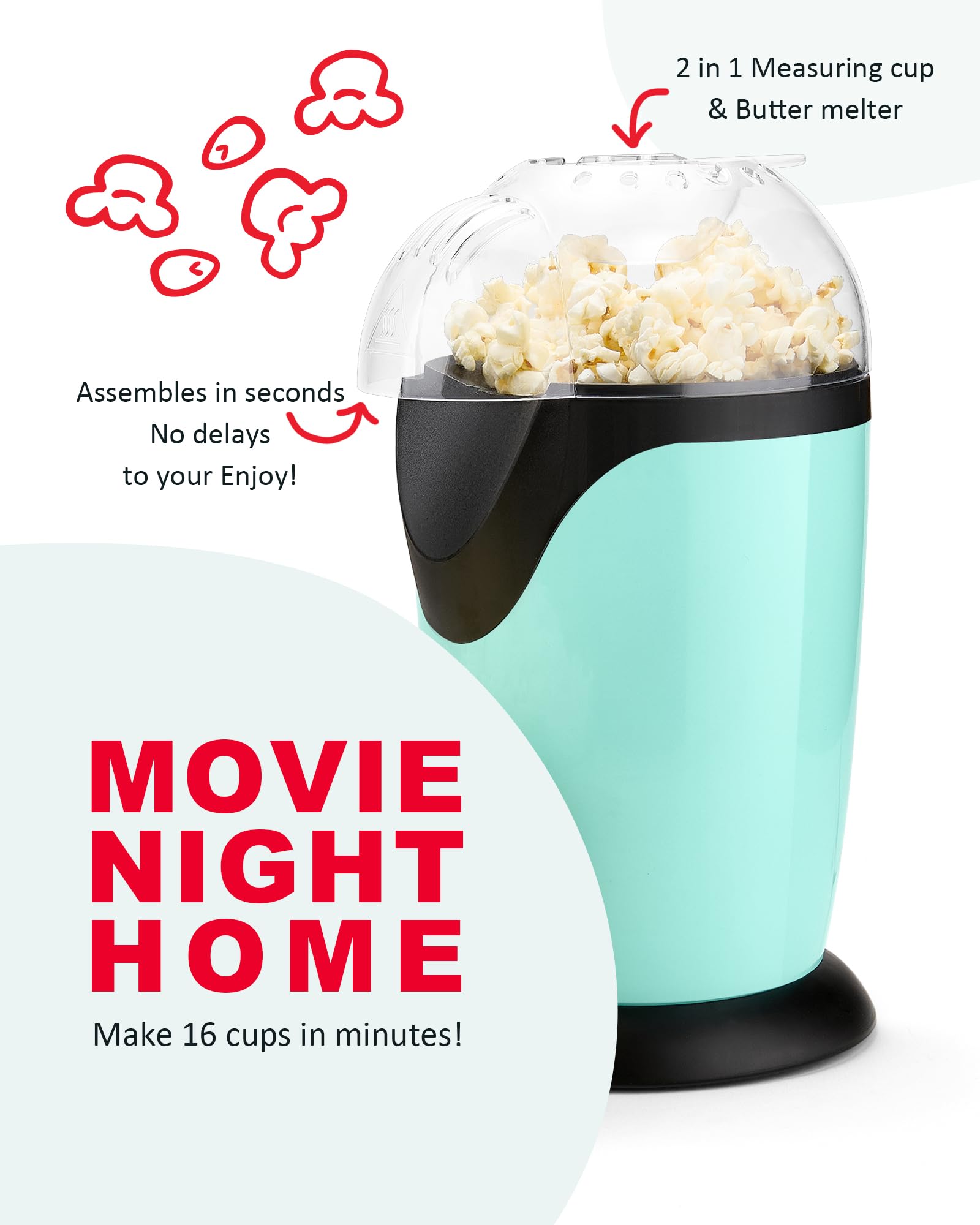 Miyugame popcorn maker measuring cup and butter melter in use for theater-style finish
