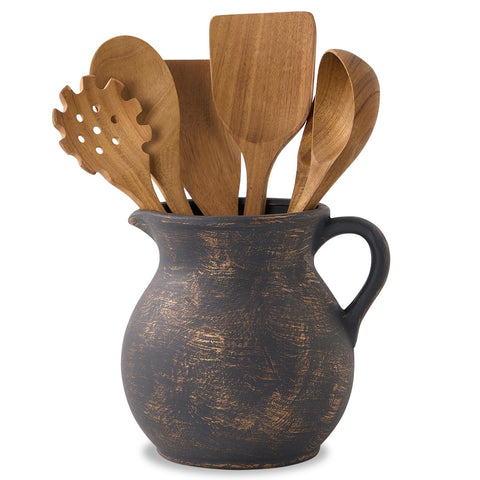 MIYUKI rustic utensil holder with black-gold glaze for countertop elegance and easy reach
