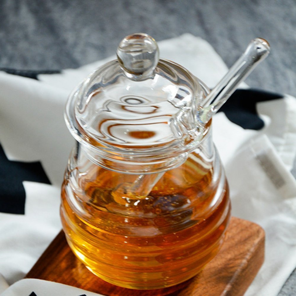 Mkono 9 oz honey pot in clear glass keeps honey visible and fresh.