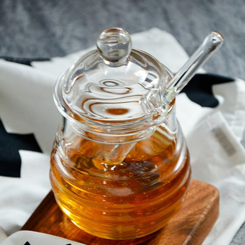 Mkono 9 oz honey pot in clear glass keeps honey visible and fresh.