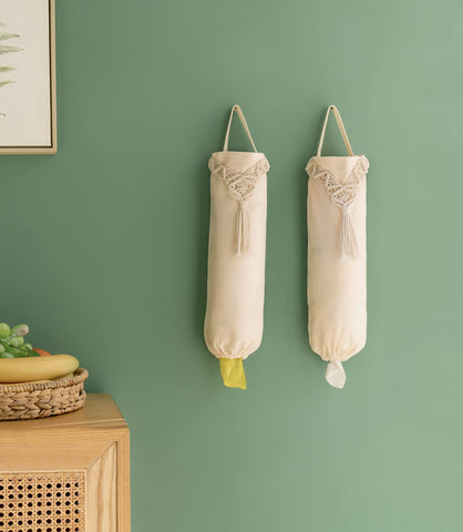 Mkono macrame bag dispenser ivory bottom opening for quick bag retrieval
