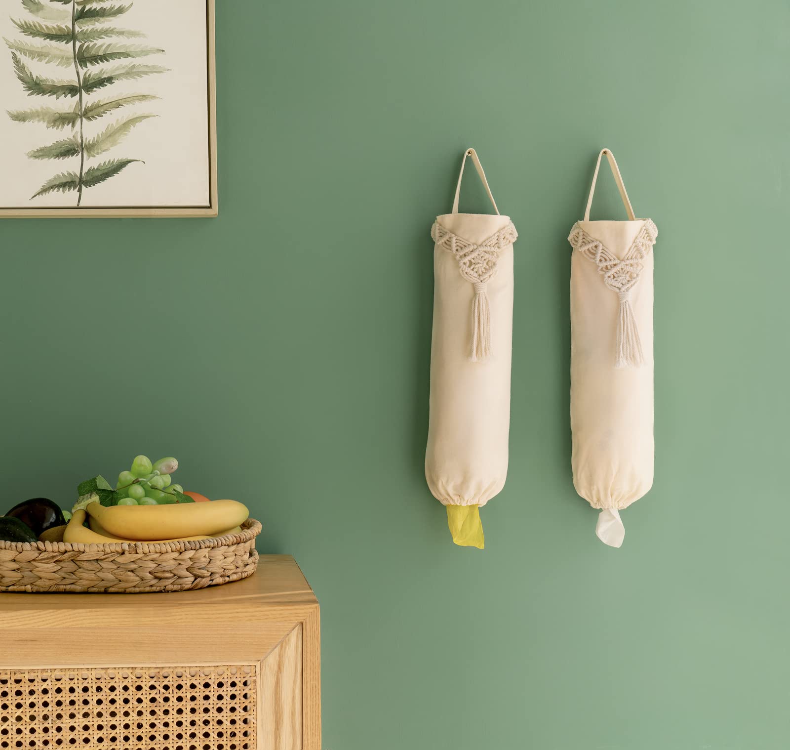 Mkono macrame bag dispenser ivory hanging on wall for easy access