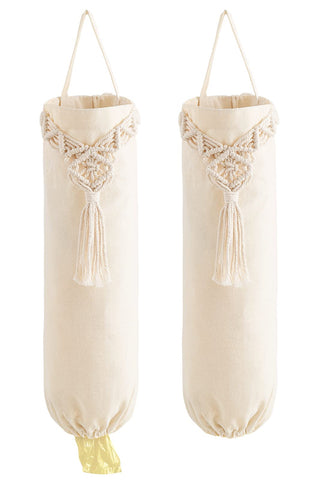Mkono macrame bag dispenser ivory top view keeps plastic bags neatly organized