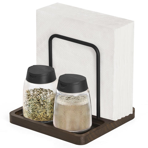 Mkono napkin holder on dining table with wooden base for easy access
