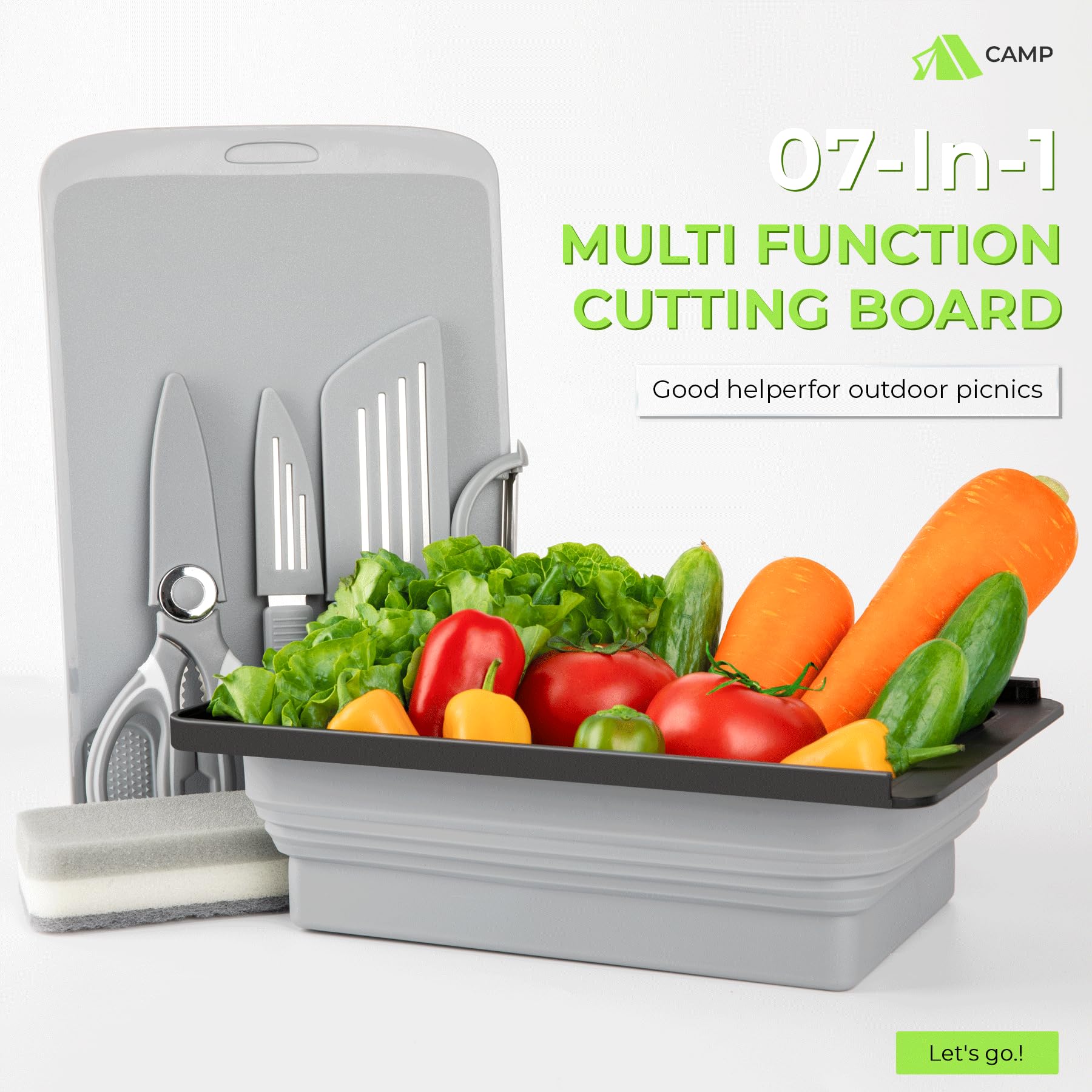 MKOSAB camping board with knife set for efficient outdoor chopping.