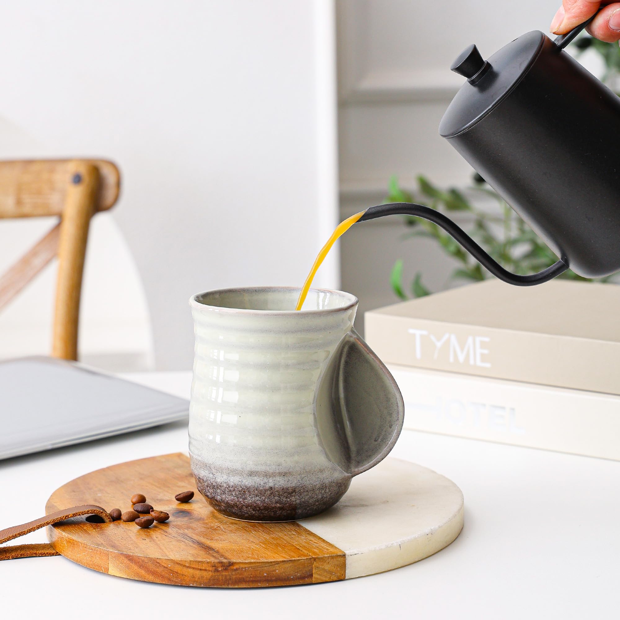 Mkour mug is microwave and dishwasher safe for quick cleanup.
