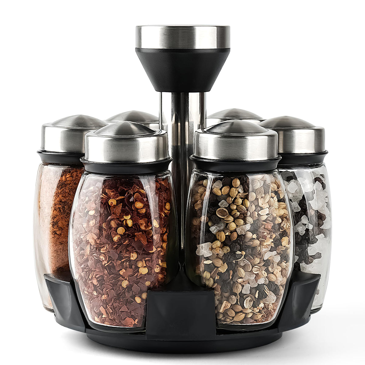 Mlici 6pc spinning glass spice jars on a rotating rack for easy kitchen access.