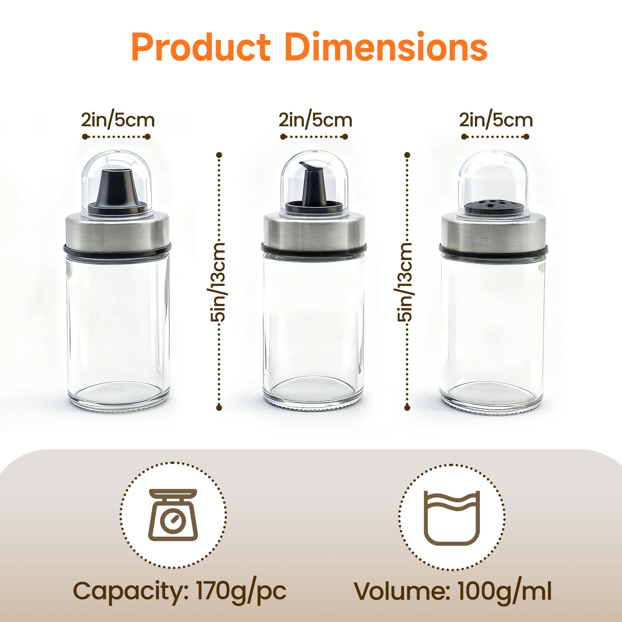 Mlici premium glass cruets with clear visibility of contents.