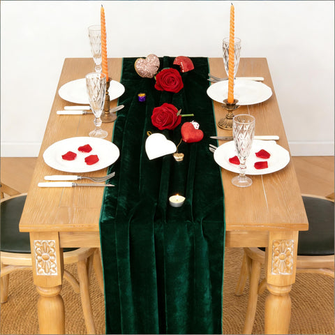 MLMC emerald-green velvet runner draped on table edge for elegant decor