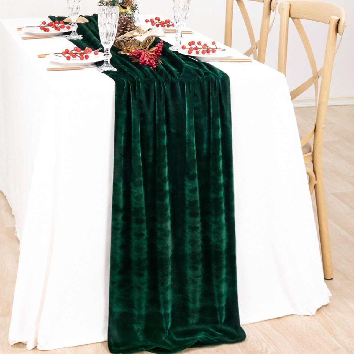 MLMC emerald-green velvet runner used as photography prop and festive display