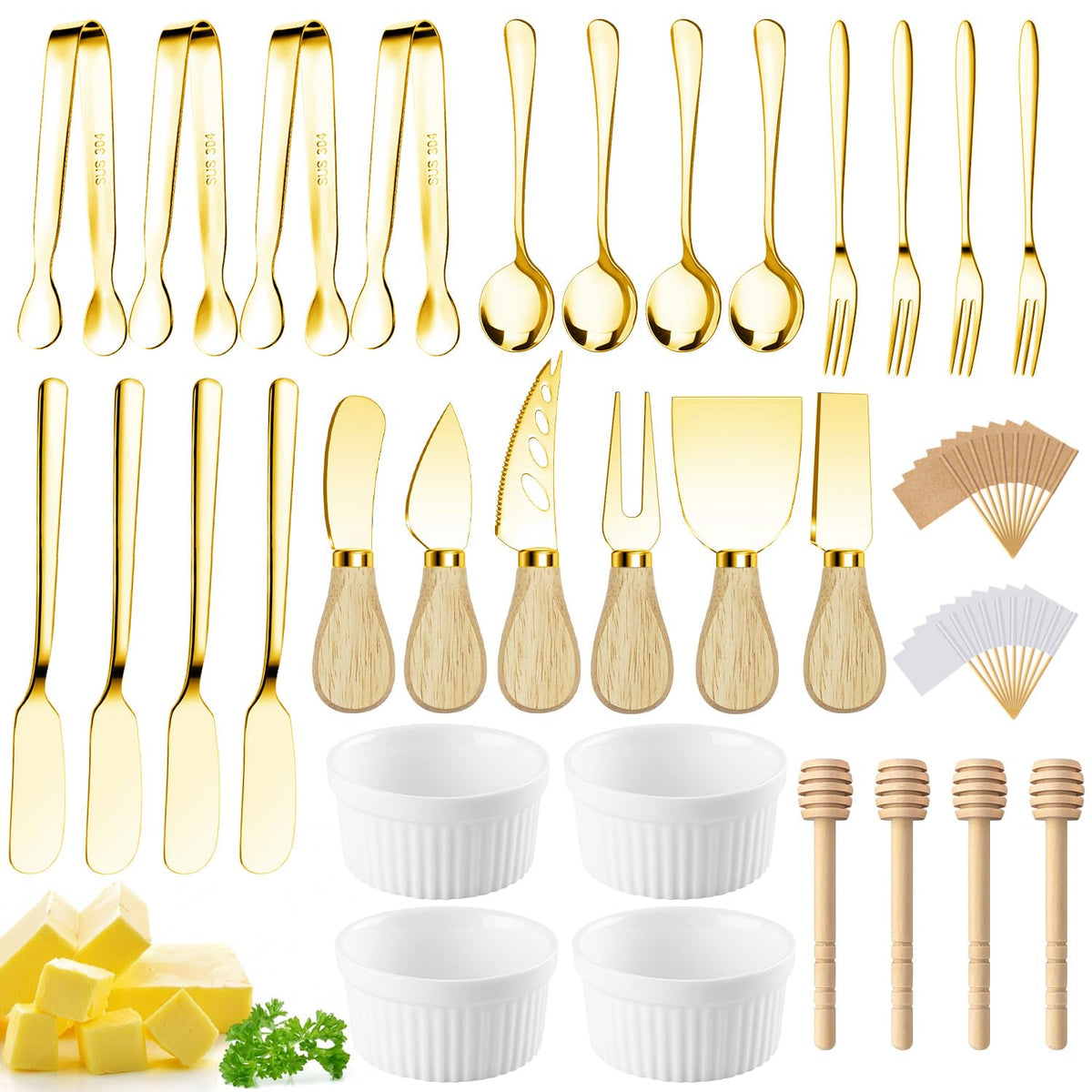 Mlurcu gold charcuterie utensils set on a board for an elegant party spread