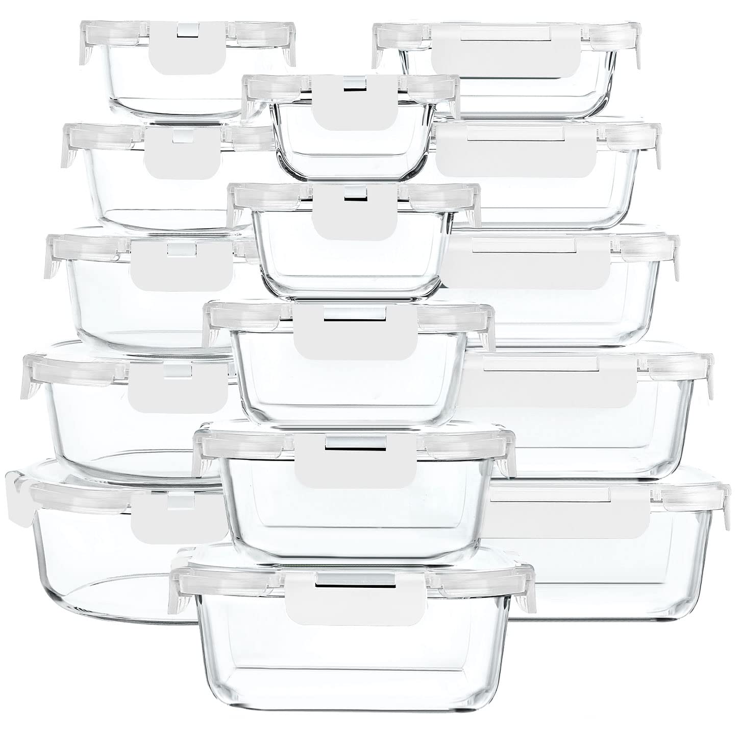 MMcirco 30-piece glass storage set for organized fridge meals.