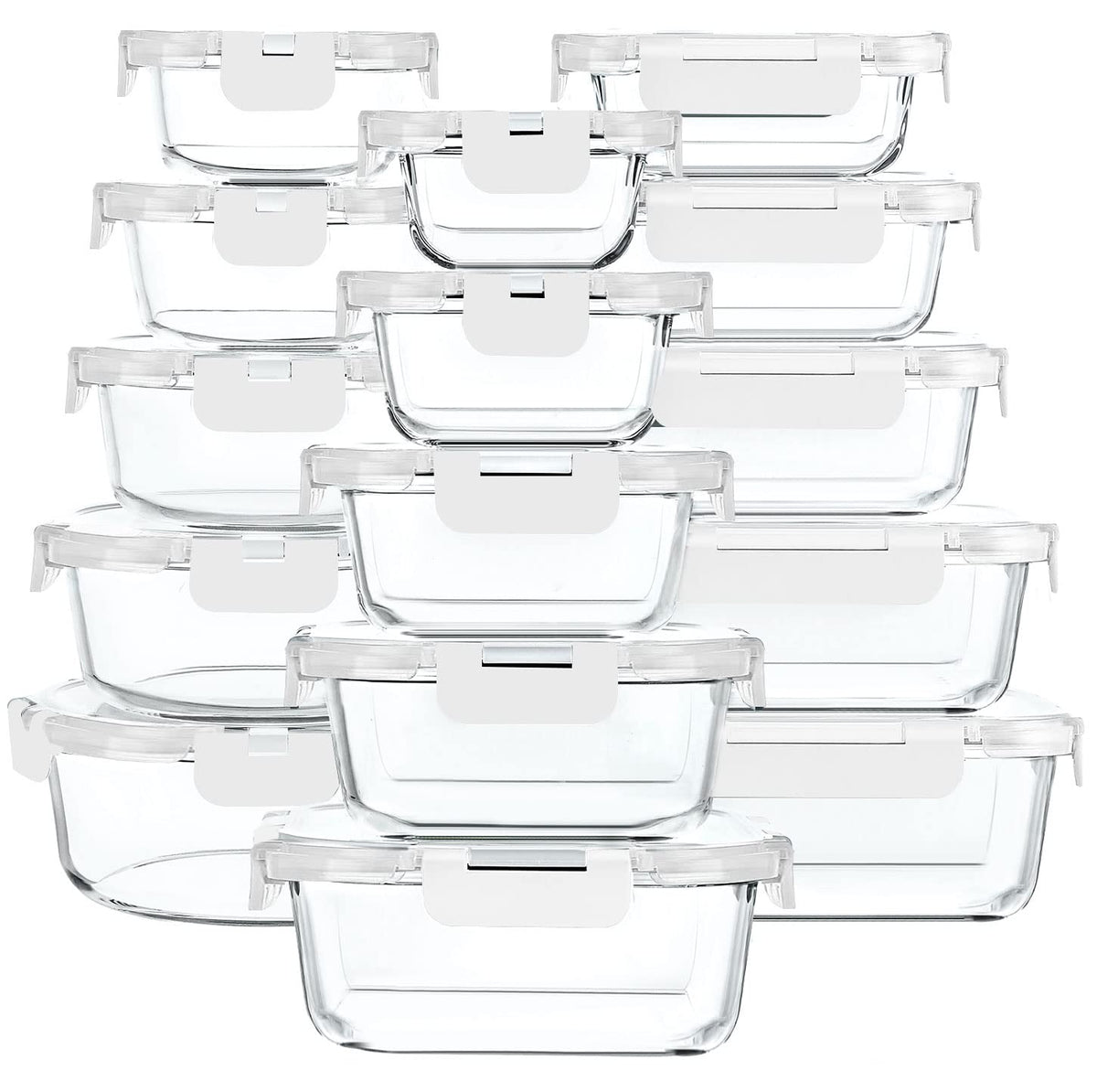 MMcirco 30-piece glass storage set for organized fridge meals.