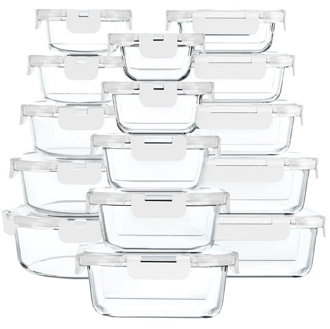 MMcirco 30-piece glass storage set for organized fridge meals.