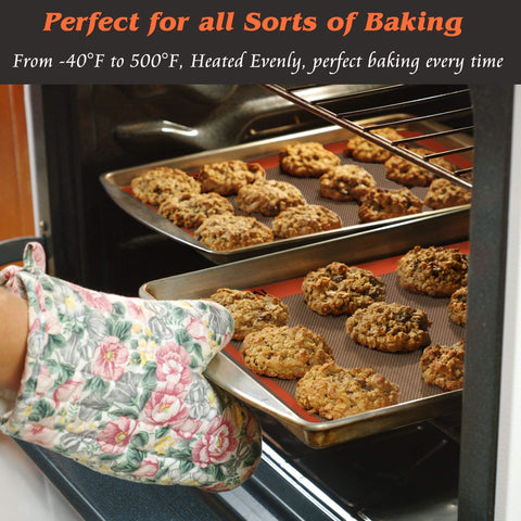 MMMAT silicone baking mat laid on a half-sheet pan showing proper fit.